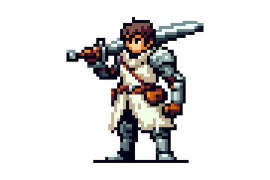 The pixel warrior stands confidently holding a large sword, wearing armor and a white tunic with a brown belt and bag.
