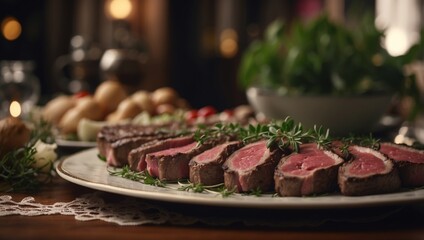 Romantic Victorian A Tasteful Arrangement of Succulent Steak Slices Adorned with LaceTrimmed Edges.