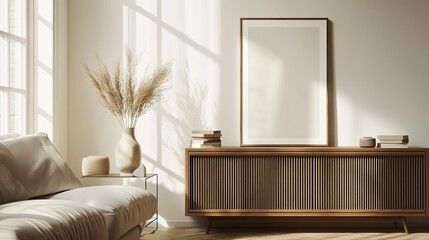 Minimalist composition of aesthetic living room interior with mock up poster frame, copy space, modular sofa, brown sideboard, vase with dried flowers and personal accessories. Home decor template