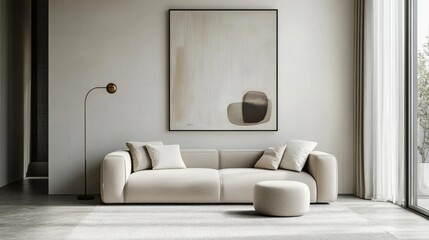 Fototapeta premium A minimalist living room featuring a beige sofa, a light gray area rug, and a single abstract painting on the wall