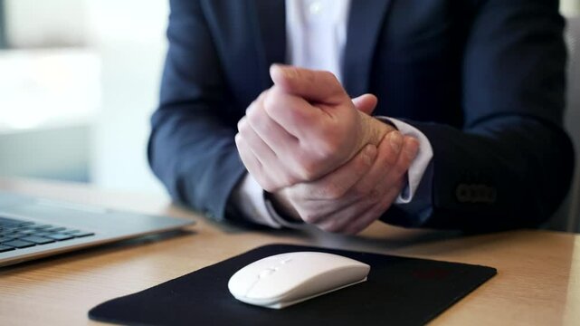 Close up. Office worker holding wrist in pain while using computer mouse. Businessman massages a joint. Concept of ergonomic challenges or repetitive strain injury in a professional work environment
