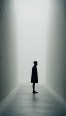 Obraz premium Silhouette of a Person Standing in a Foggy Passageway.