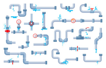 Isolated leaking pipes. Broken pipe, metal plastic water tube system with drops flow and puddles. Rupture and problems in piping, neoteric vector set