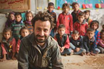 Fototapeta premium Photography of Syria school classroom scene with children in background and the teacher on front. 