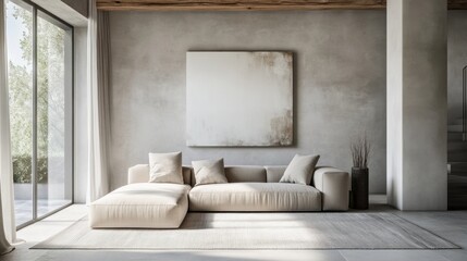 Fototapeta premium A minimalist living room featuring a beige sofa, a light gray area rug, and a single abstract painting on the wall