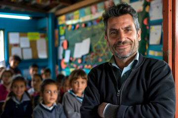 Photography of Uruguay school classroom scene with children in background and the teacher on front.	
