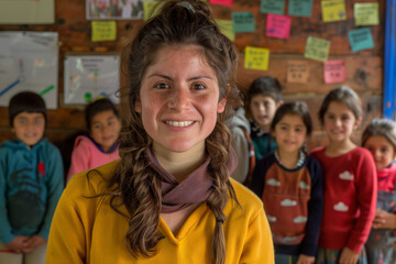 Fototapeta premium Photography of Argentina school classroom scene with children in background and the teacher on front. 