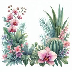 Fototapeta premium Ilustración botánica con suculentas, cactus y flores tropicales en composición artística