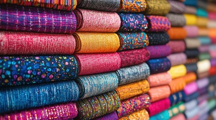 Colorful Fabric Rolls Stacked in a Market