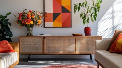 Minimalist living space with vibrant accents including a rattan cabinet, geometric artwork, and modern floral arrangements