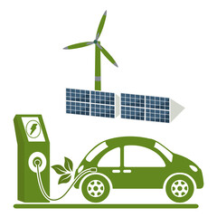 Green energy. Electric car near charging station, swindmills solar energy panels Environmental vector illustration design isolated