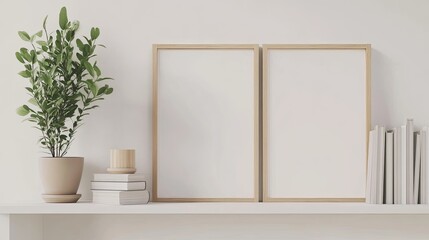 Fototapeta premium Minimalistic home decor of interior with two brown wooden mock-up photo frames on the white shelf with books, beautiful plant in stylish pot, and home accessories. White wall