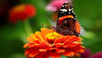 red admiral butterfly perches bright zinnia flower vibrant orange black wings