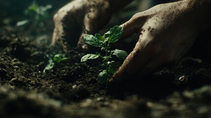 Obraz premium Close-up of hands planting a seedling in rich soil.