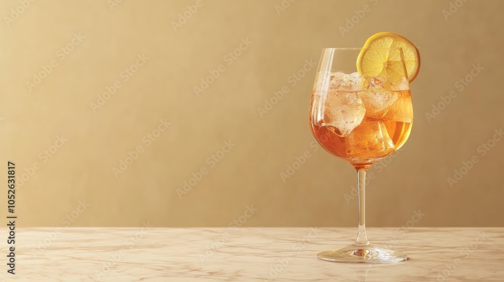 Poster spritz cocktail in a glass placed on a table with ample blank space for text or other elements