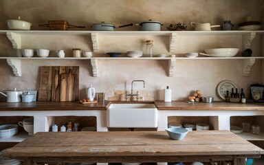 Rustic kitchen with wooden countertops, open shelves, and a farmhouse sink.