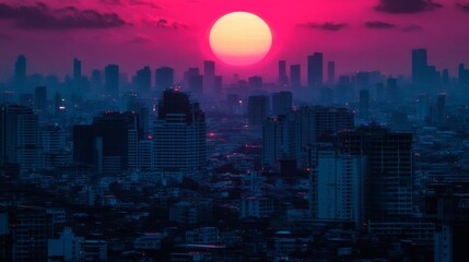 Fototapeta premium Vibrant Sunset Over City Skyline at Dusk