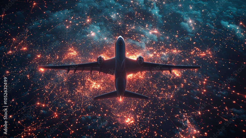 Canvas Prints an airplane wings through a dynamic, light-studded network in the sky, symbolizing the dynamic syner