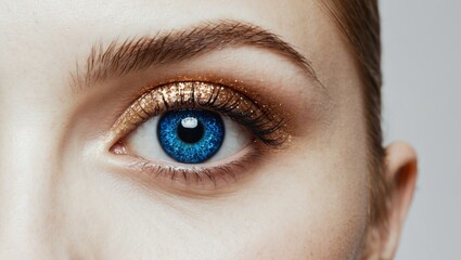 Naklejka premium Closeup of a Beautiful Blue Eye with Sparkling Glitter Makeup.