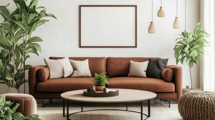 Modern living room interior featuring a mock-up poster frame, brown sofa, beige coffee table, decorative elements, and personal accessories