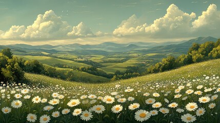 A View of a Rolling Green Hilltop Field of Daisies with a Distant Village and Mountains