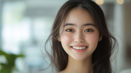 Fototapeta premium young woman with a bright smile and long dark hair