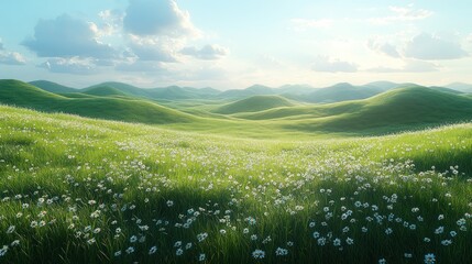 Rolling Green Hills with a Field of White Daisies