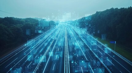 Digital Highway with Data Overlay in a Modern Landscape