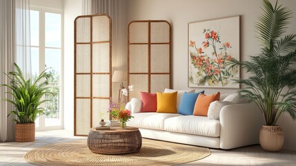 Modern living room with a white sofa, colorful cushions, and a rattan room divider, brightened by floral arrangements and playful decor