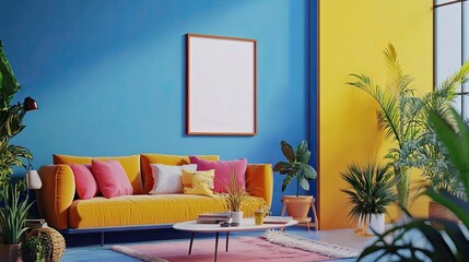 Modern living room with colorful decorations, plants, a sofa, and a coffee table, accented by a mock-up poster frame on a blue wall