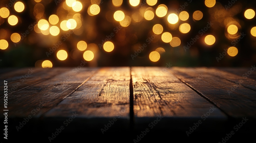 Aufkleber wooden table with soft bokeh lighting on a dark backdrop high quality image