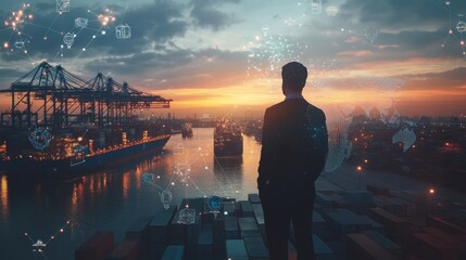 Fototapeta premium Businessman Overlooking Shipping Port at Sunset