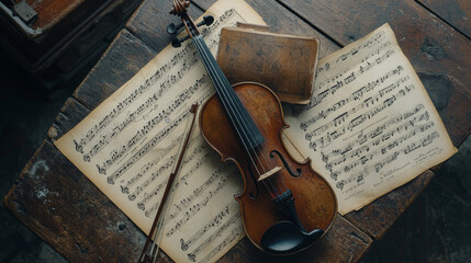 Naklejka premium An antique violin and bow placed on a table alongside yellowed sheet music, capturing a close-up view of this classic musical arrangement. 