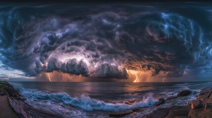 Fototapeta premium Lightning Strikes Over the Ocean, Dramatic Storm Clouds, Waves Crashing on Rocky Coastline