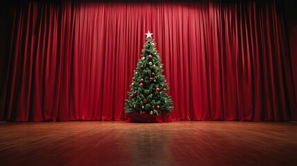 Decorated Christmas tree on stage with red curtains.