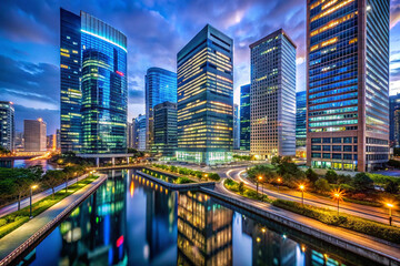 Obraz premium Modern cityscape illuminating the night with glowing office buildings