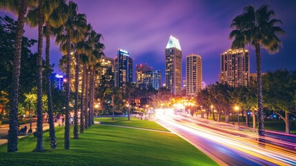 Obraz premium Cityscape at Night with Palm Trees