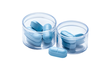 Two transparent containers holding blue capsules, perfect for medical, health, or pharmaceutical themes.