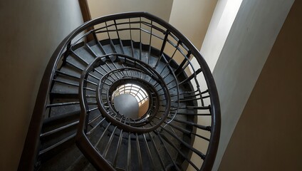 Fototapeta premium Abstract view down a spiral staircase with a geometric metal railing pattern.