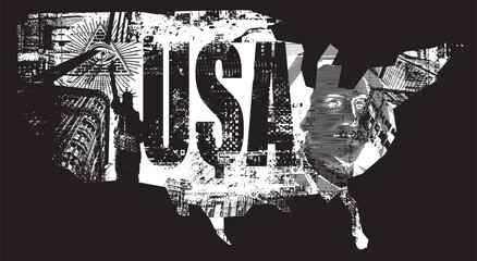 vector Map of USA with American Statue of Liberty and dollar and massonic simbol in art grunge background of spots and geometric shapes from elements of New York city architecture