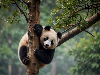 Fototapeta premium Acrobatic panda close-up, playful on a tree