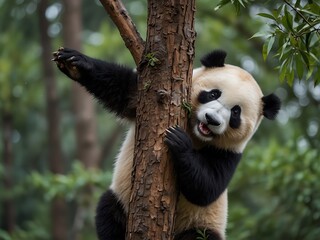 Obraz premium Acrobatic panda close-up, playful on a tree