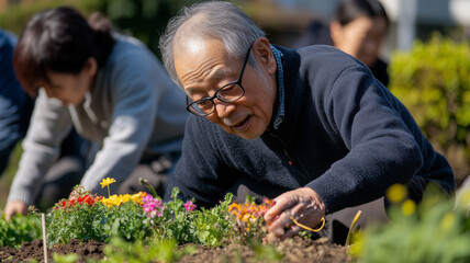 地域の園芸活動に参加する70代の男性