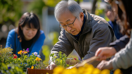 地域の園芸活動に参加する70代の男性