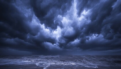 Fototapeta premium Dark Storm Clouds Over a Rough Sea, Dramatic Weather Scene, Nature Photography, Epic Landscape, Moody Sky, Sea Waves Crashing, Ocean, Cloudscape, 