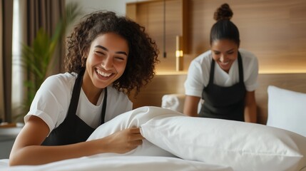 Two hotel staff members joyfully preparing a guest room with fresh linens in a luxurious setting during daylight hours