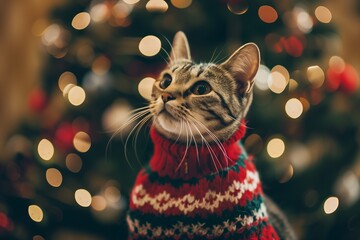 Cute house cat wearing a cozy Christmas sweater or jumper by Christmas tree and lights on the background, symbolizing holidays at home 
