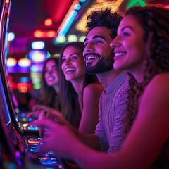 A group of young friends are having fun playing a slot machine at a casino