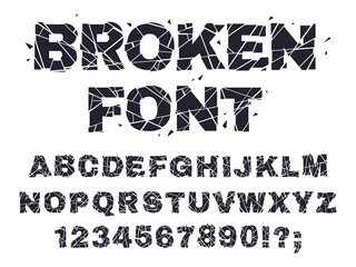 Smashed broken font. Glitch broken letters and numbers, cracked alphabet flat vector illustration set. Shattered crushed glass alphabet