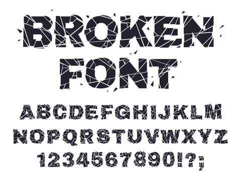 Smashed broken font. Glitch broken letters and numbers, cracked alphabet flat vector illustration set. Shattered crushed glass alphabet